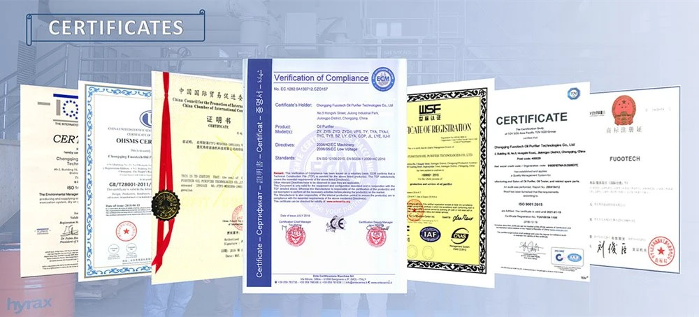 FUOOTECH FTY-20 steam turbine lube oil purifier machine certificate FUOOTECH FTY-20 steam turbine lube oil purifier machine certificate